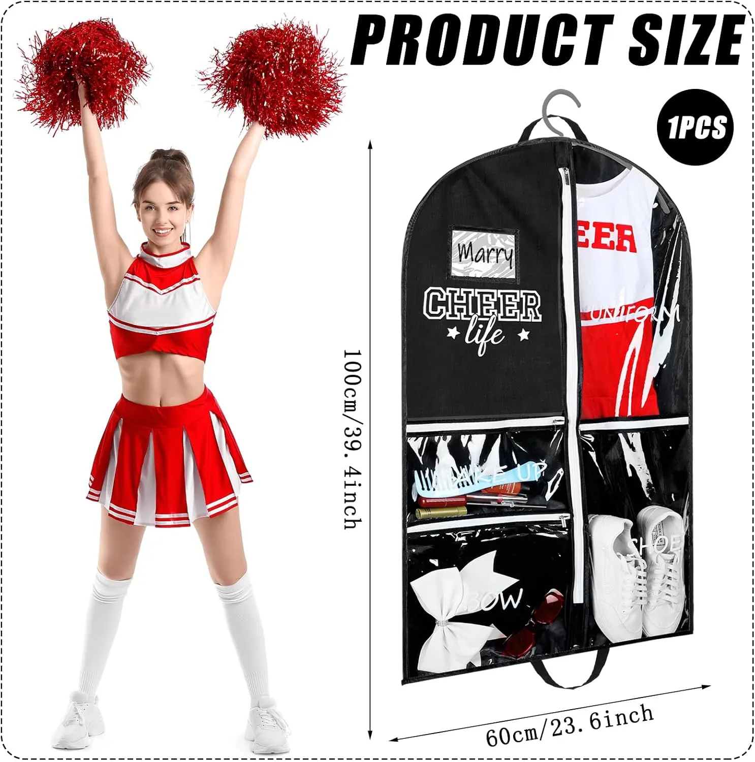 Cheer Garment Bags for Cheerleading Uniform Waterproof Hanging Garment Bags for Dance Costumes 40 Inch Clothes Bag with 5 Pockets and Side Zip Travel Storage Cheer Uniform(Black,White)