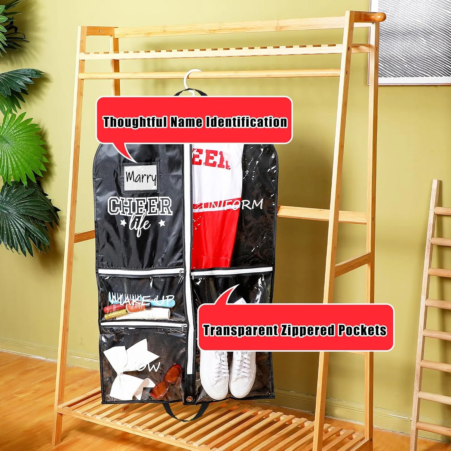 Cheer Garment Bags for Cheerleading Uniform Waterproof Hanging Garment Bags for Dance Costumes 40 Inch Clothes Bag with 5 Pockets and Side Zip Travel Storage Cheer Uniform(Black,White)
