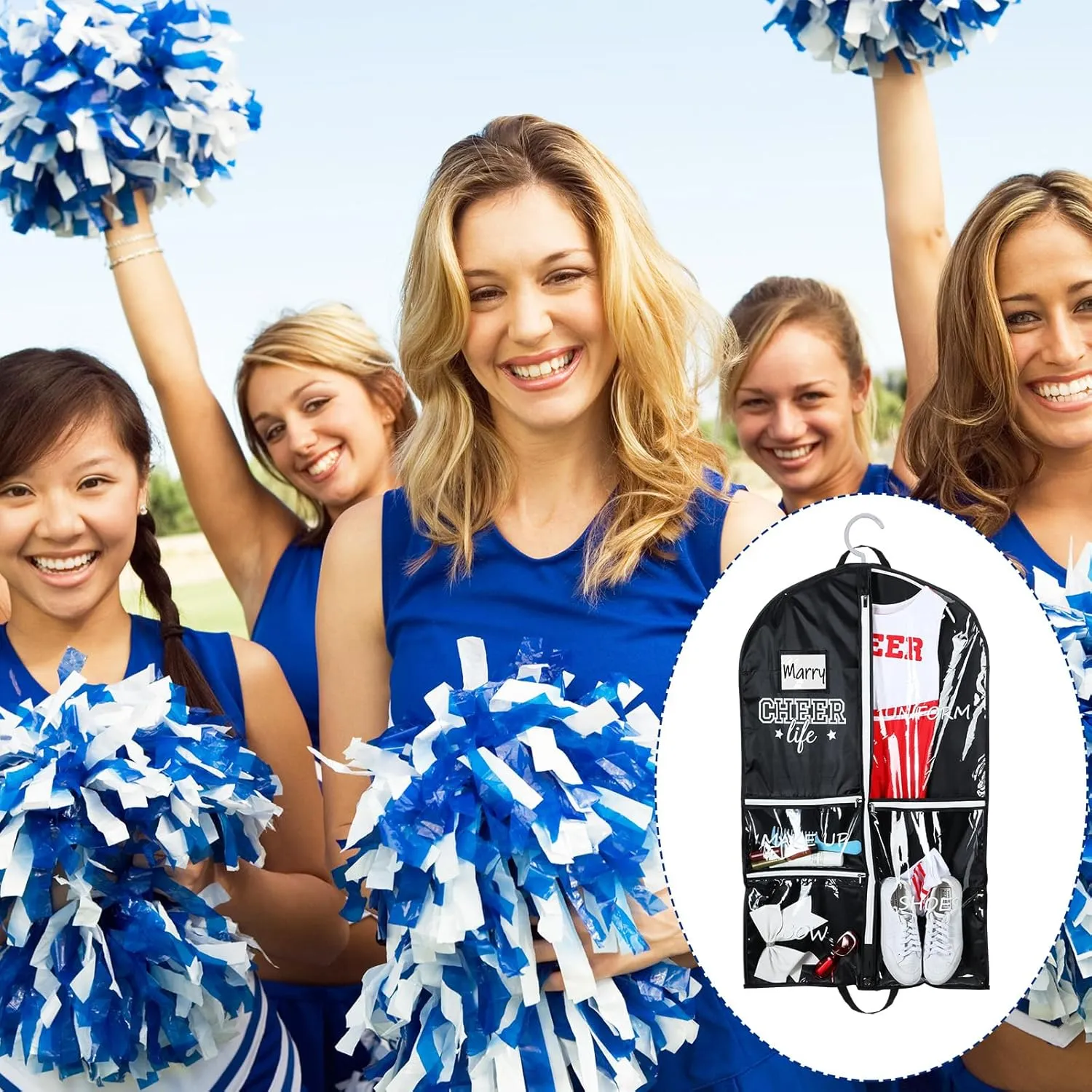 Cheer Garment Bags for Cheerleading Uniform Waterproof Hanging Garment Bags for Dance Costumes 40 Inch Clothes Bag with 5 Pockets and Side Zip Travel Storage Cheer Uniform(Black,White)