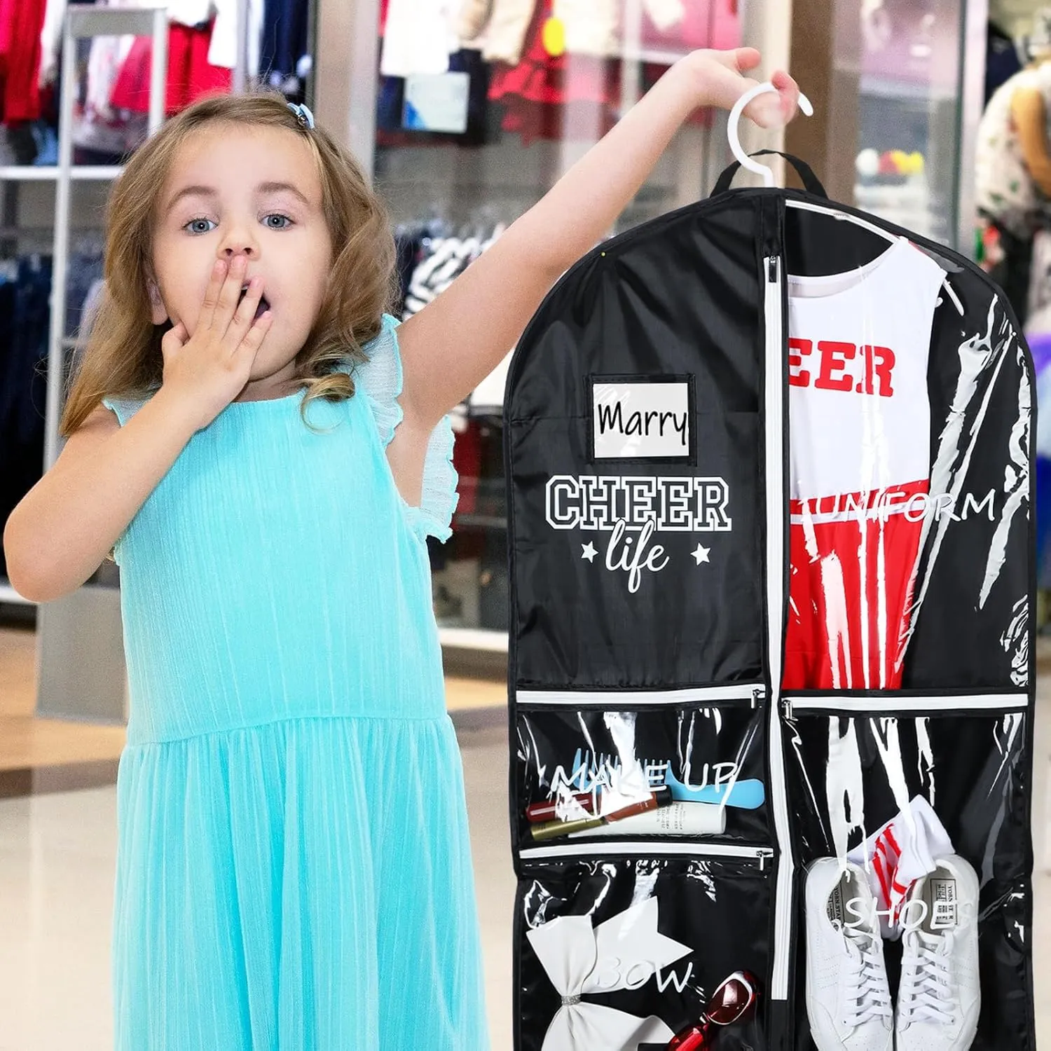 Cheer Garment Bags for Cheerleading Uniform Waterproof Hanging Garment Bags for Dance Costumes 40 Inch Clothes Bag with 5 Pockets and Side Zip Travel Storage Cheer Uniform(Black,White)