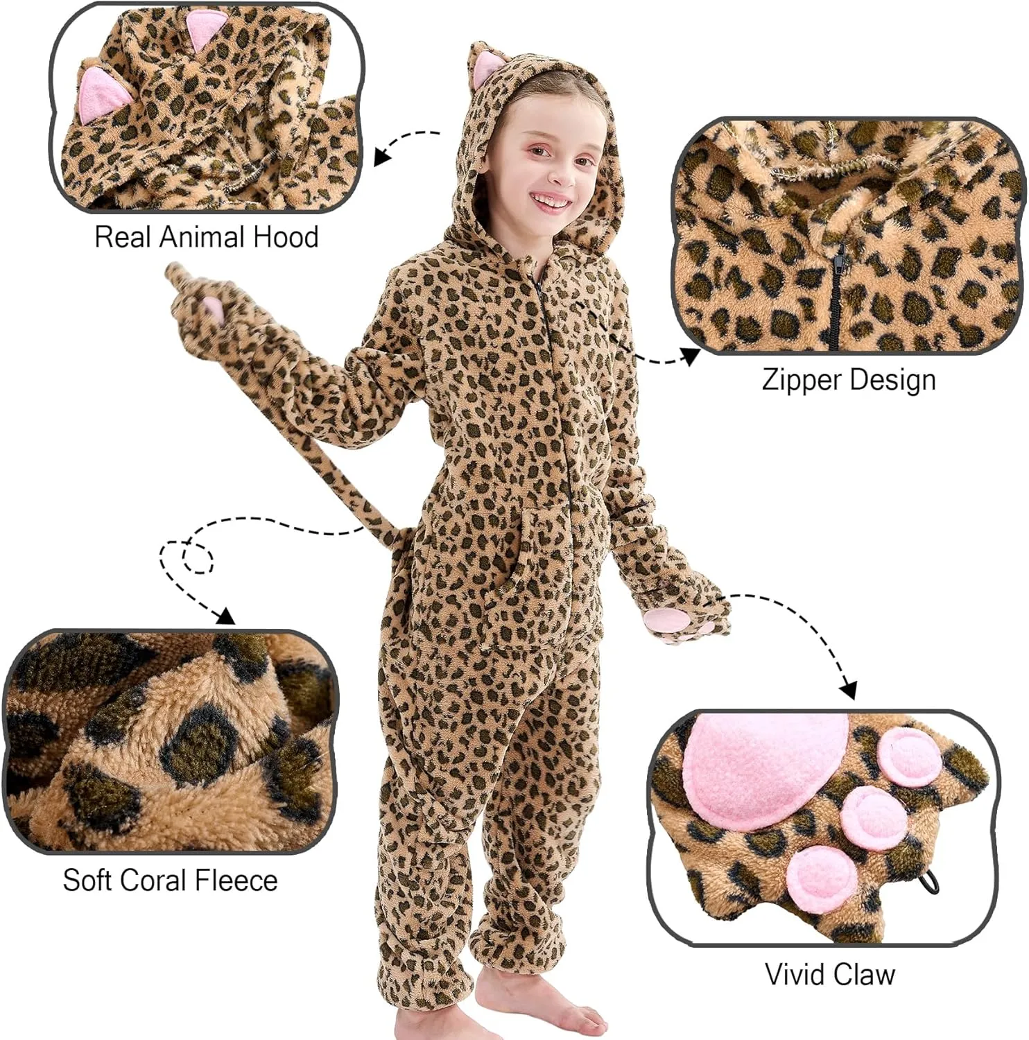 Cheetah Costume for Kids Leopard Onesie Costume for Boys Girls Halloween Animals Onepiece Costume for Kids 5-6Years