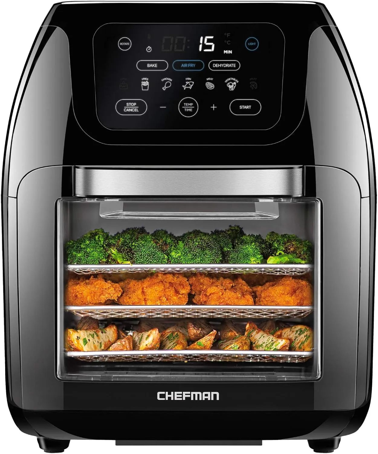 CHEFMAN Multifunctional Digital Air Fryer  Rotisserie, Dehydrator, Convection Oven, 17 Touch Screen Presets Fry, Roast, Dehydrate, Bake, XL 10L Family Size, Auto Shutoff, Large Easy-View Window, Black