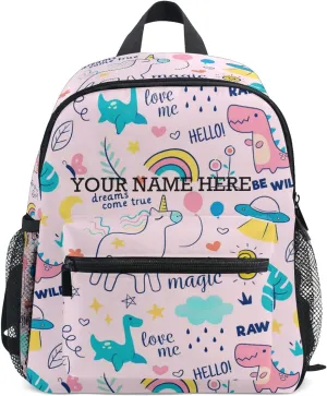 CHIFIGNO Customized Backpack with Name Cute Dinosaur and Unicorn Toddler Backpack for Girls Children Schoolbag Age 4-8 With Chest Clip Pink