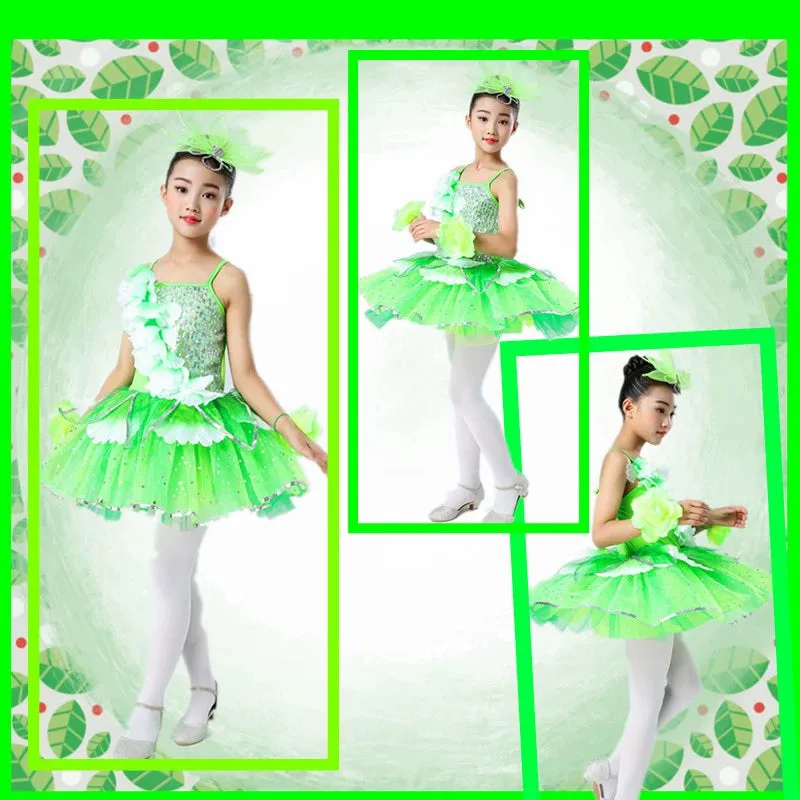 Children's Pink Petals Flowers Jazz Dance Dresses Jasmine Blossom Dance Costume Flower Fairy Tutu Skirts Performance Costume for Kids