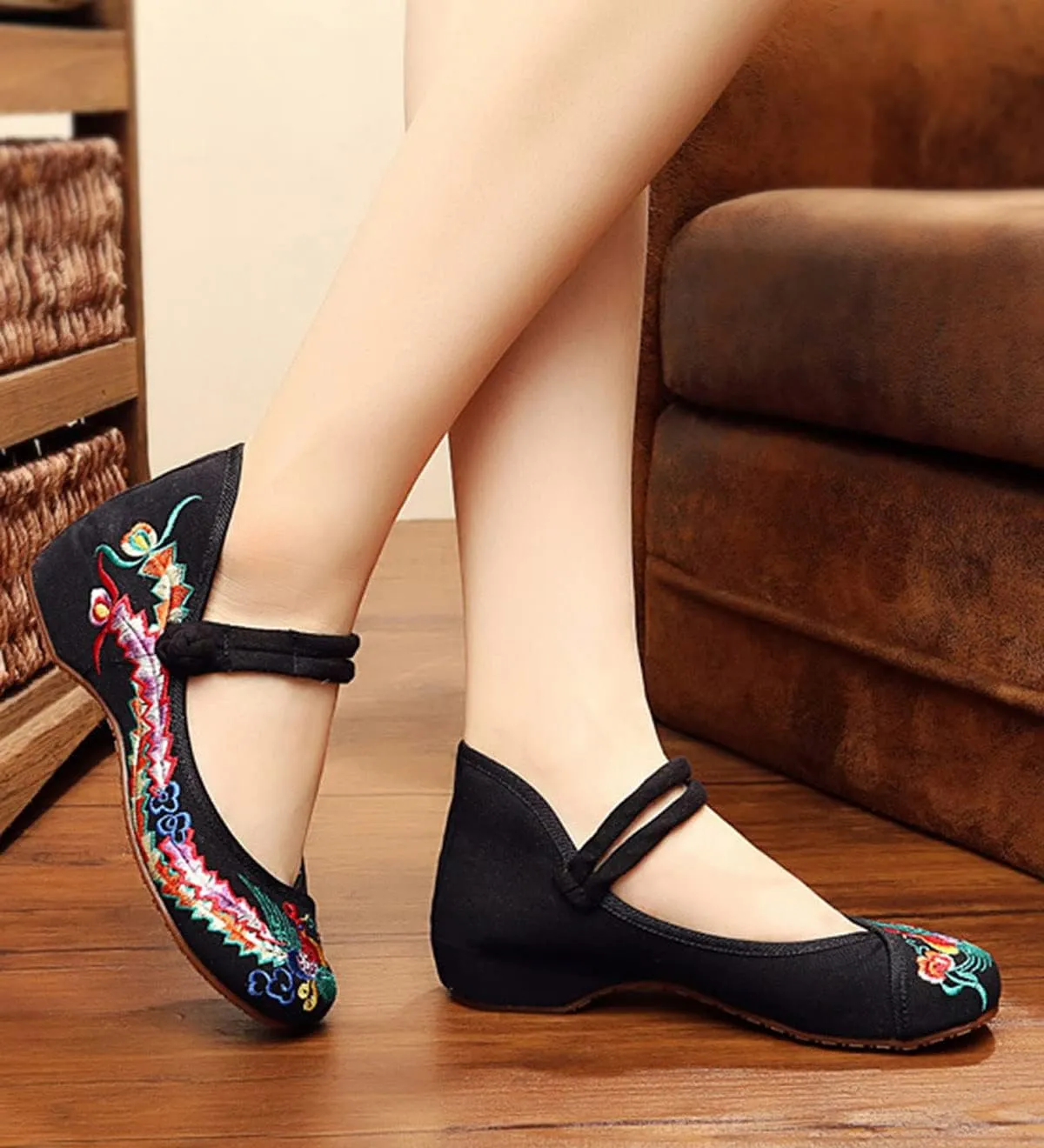 Chinese Embroidered Flats Women's Black Red Asian Traditional Mary Jane Ballet Yoga Shoes Rubber Sole