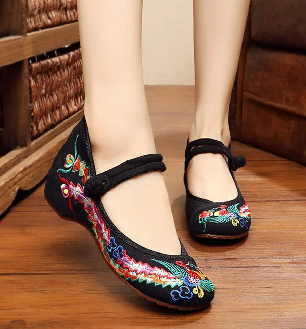 Chinese Embroidered Flats Women's Black Red Asian Traditional Mary Jane Ballet Yoga Shoes Rubber Sole