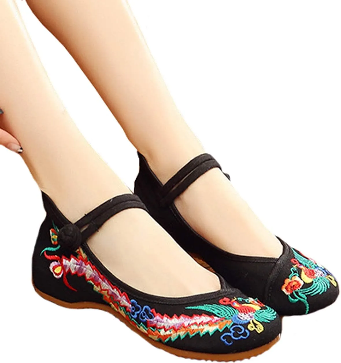 Chinese Embroidered Flats Women's Black Red Asian Traditional Mary Jane Ballet Yoga Shoes Rubber Sole