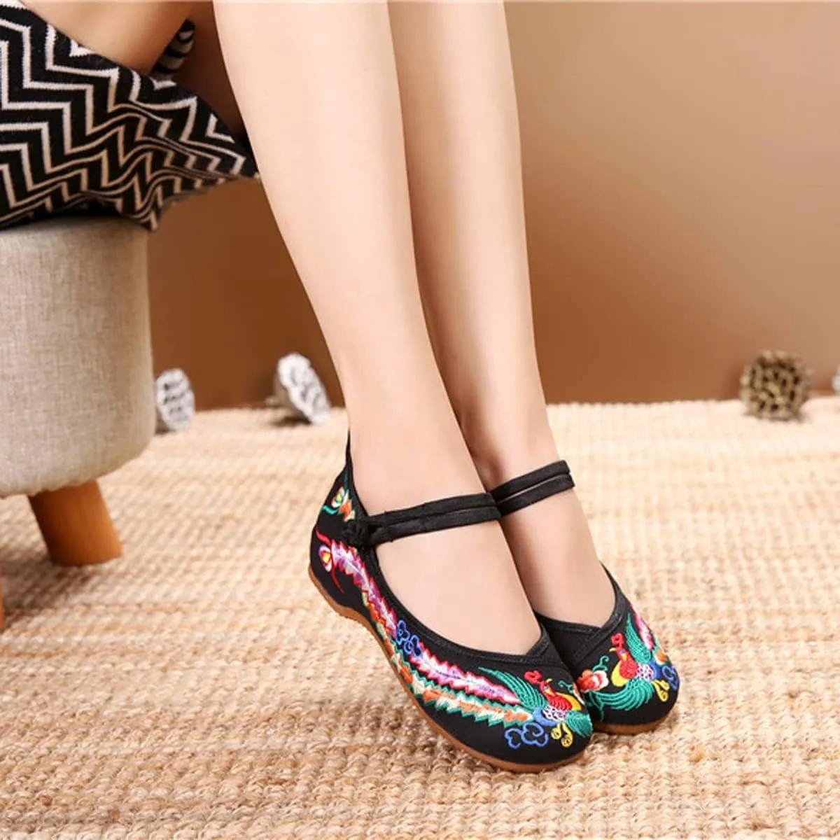 Chinese Embroidered Flats Women's Black Red Asian Traditional Mary Jane Ballet Yoga Shoes Rubber Sole