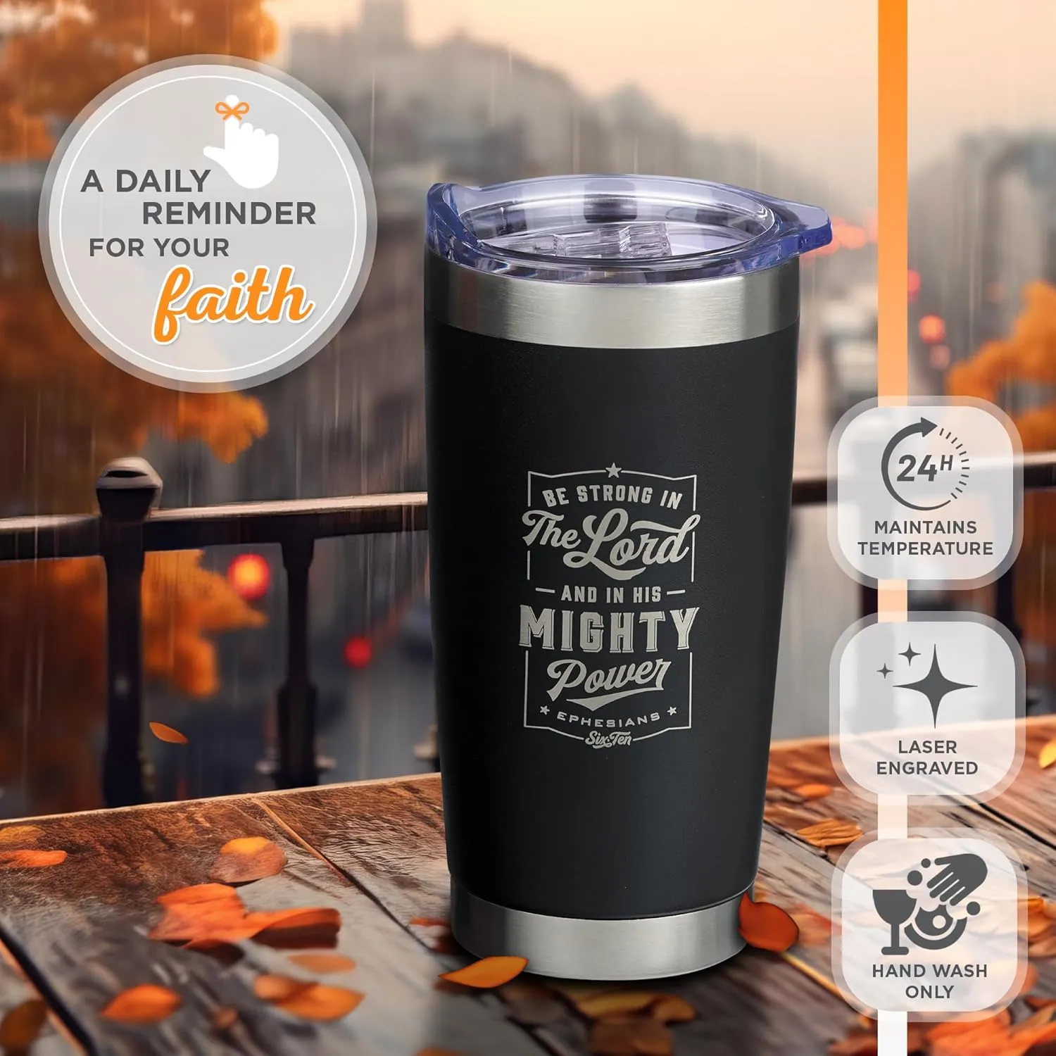 Christian Art Gifts Stainless Steel Double-Wall Vacuum Insulated Travel Mug 18 oz Matte Black Tumbler with Lid for Men Inspirational Bible Verse - Strong in the Lord - Eph. 6:10