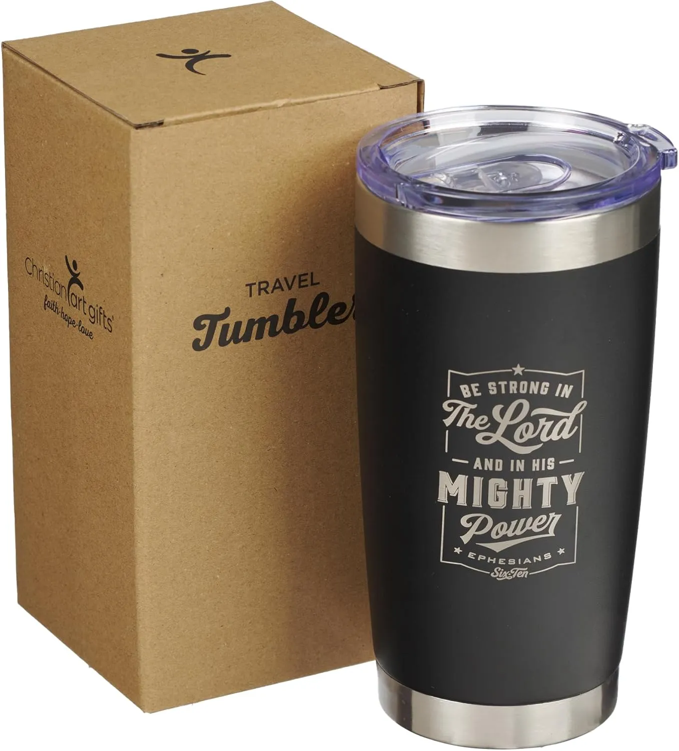 Christian Art Gifts Stainless Steel Double-Wall Vacuum Insulated Travel Mug 18 oz Matte Black Tumbler with Lid for Men Inspirational Bible Verse - Strong in the Lord - Eph. 6:10