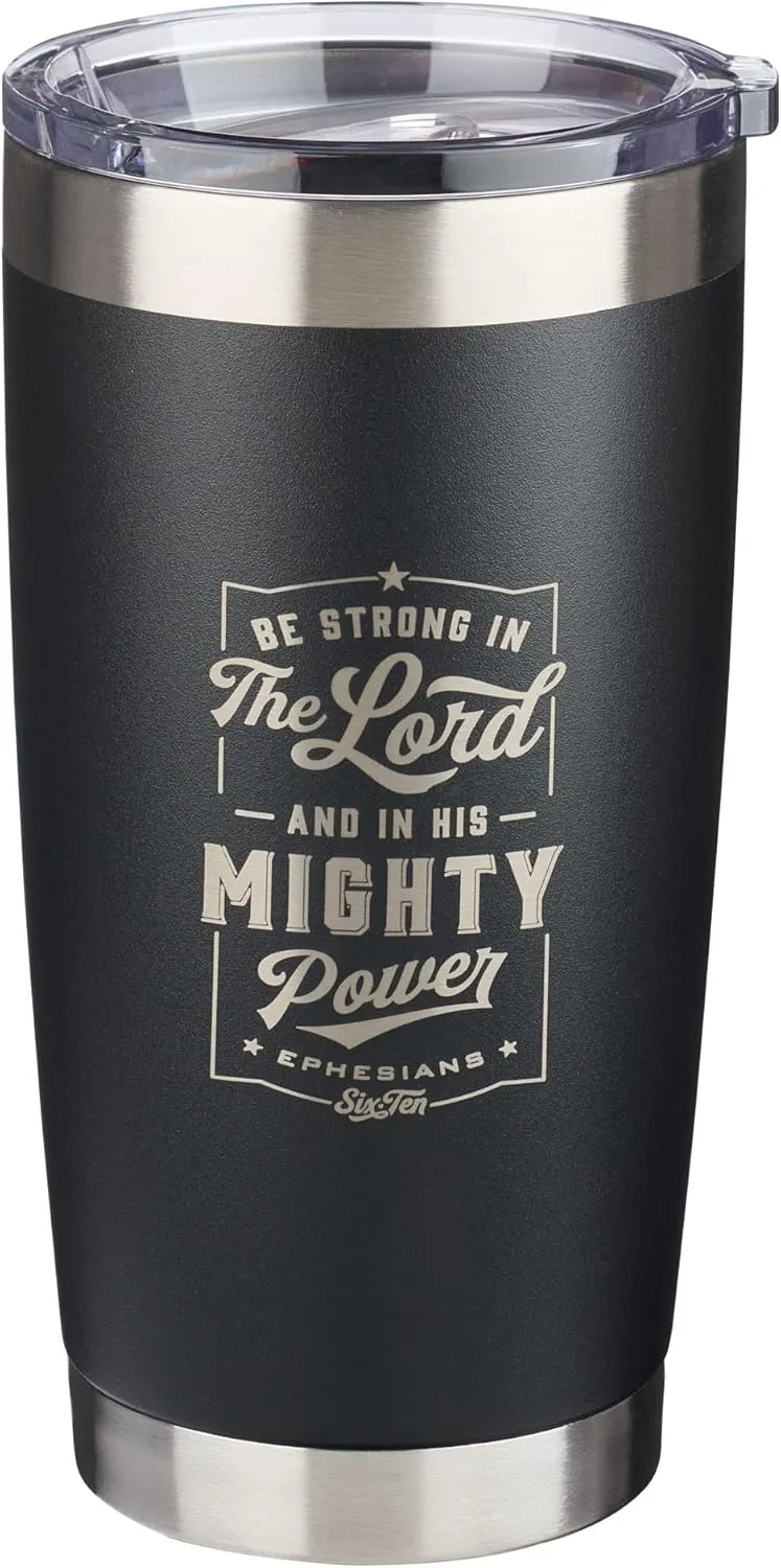 Christian Art Gifts Stainless Steel Double-Wall Vacuum Insulated Travel Mug 18 oz Matte Black Tumbler with Lid for Men Inspirational Bible Verse - Strong in the Lord - Eph. 6:10