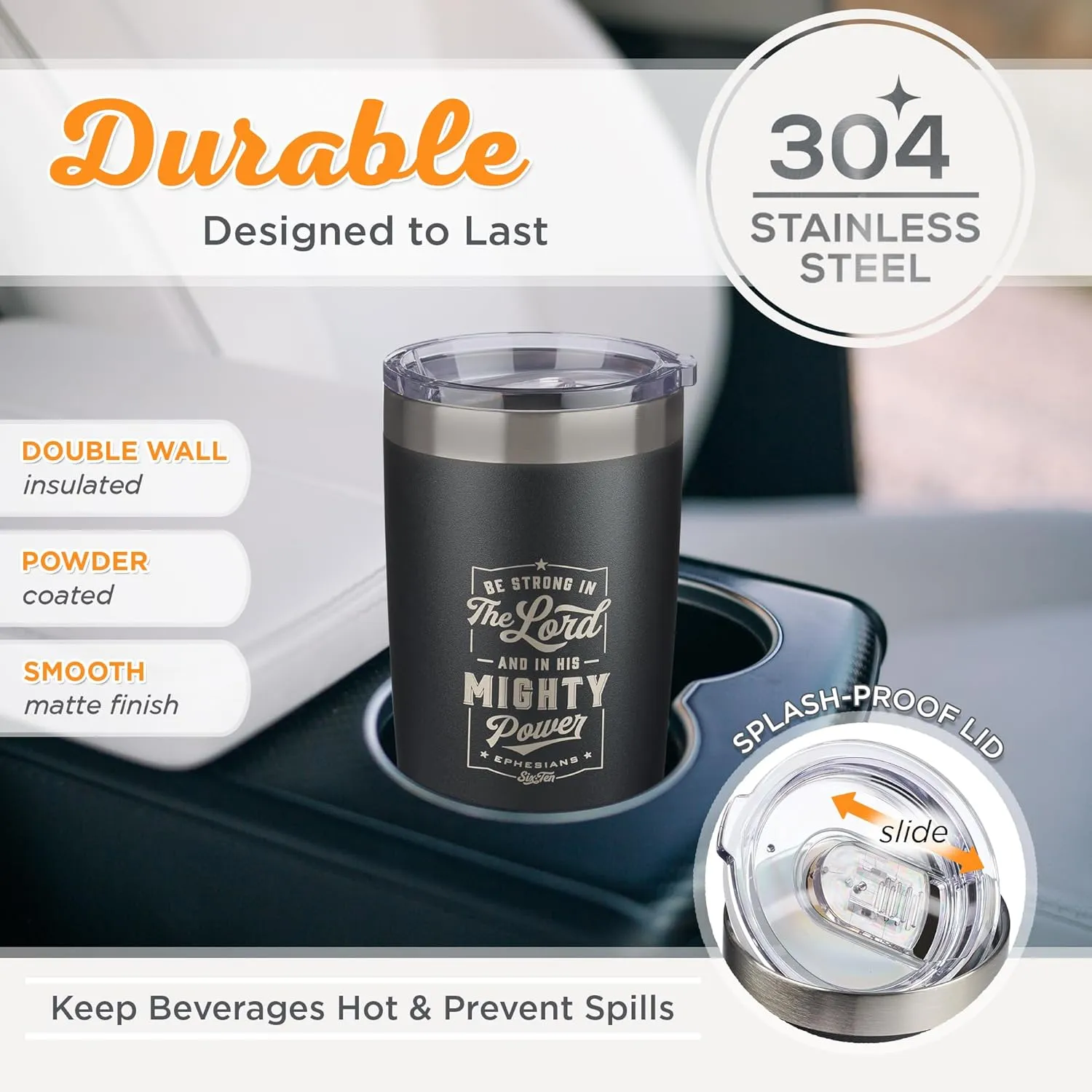 Christian Art Gifts Stainless Steel Double-Wall Vacuum Insulated Travel Mug 18 oz Matte Black Tumbler with Lid for Men Inspirational Bible Verse - Strong in the Lord - Eph. 6:10