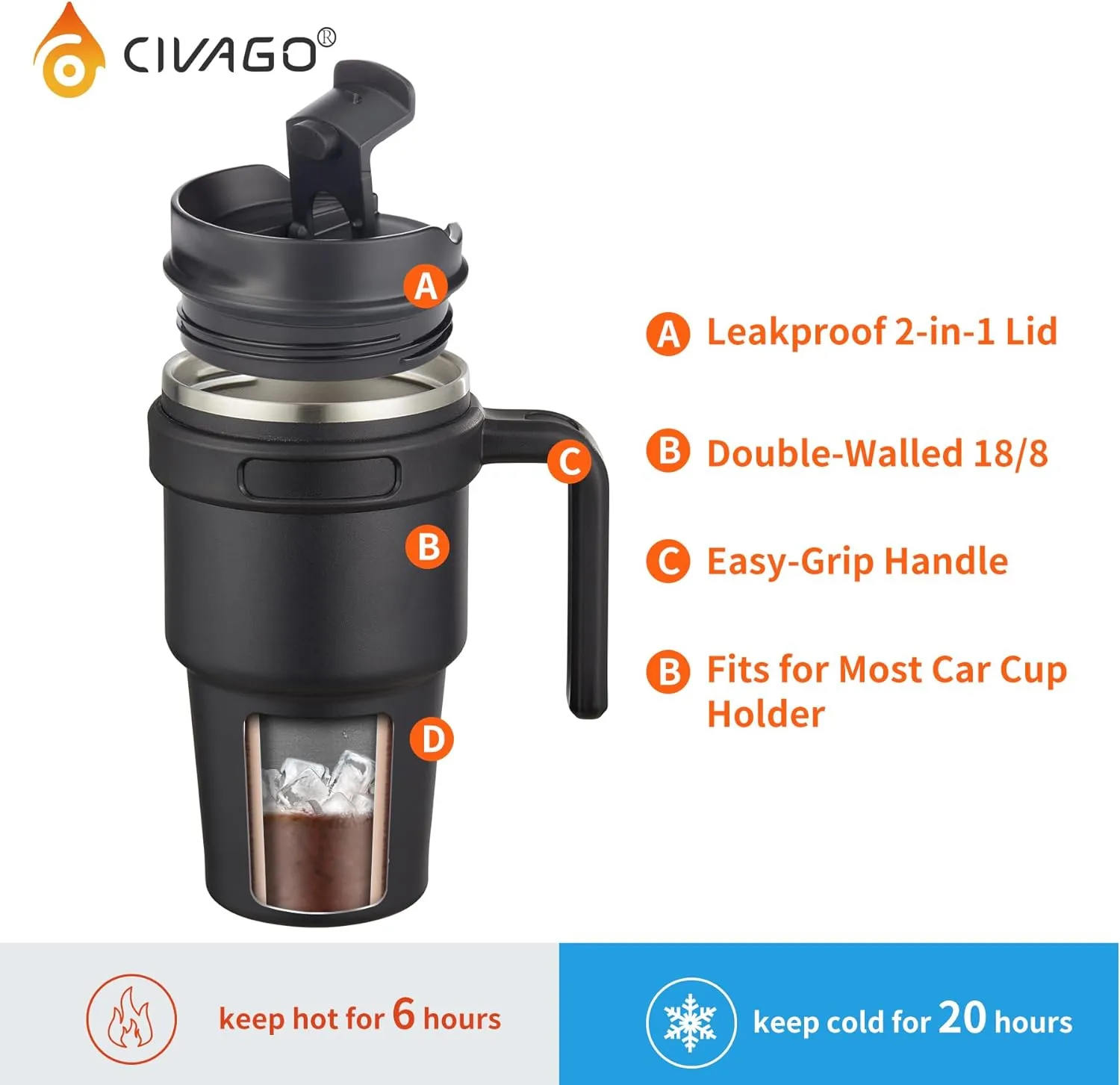 CIVAGO 20 oz Tumbler Mug with Lid and Straw, Insulated Travel Coffee Mug with Handle, Double Wall Stainless Steel Vacuum Coffee Tumbler, Thermal Coffee Cup, Flip lid, Indigo Black
