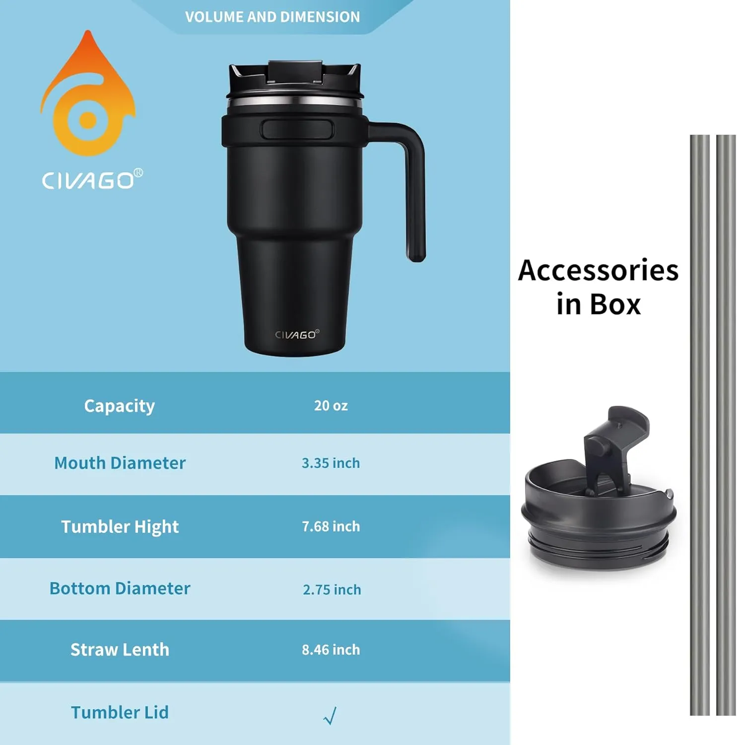 CIVAGO 20 oz Tumbler Mug with Lid and Straw, Insulated Travel Coffee Mug with Handle, Double Wall Stainless Steel Vacuum Coffee Tumbler, Thermal Coffee Cup, Flip lid, Indigo Black