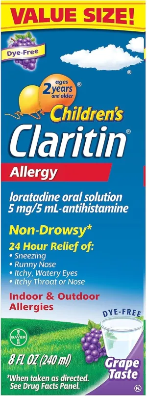 Claritin Children's Allergy Medicine, 24-Hour Non-Drowsy Loratadine 5mg, Antihistamine Liquid for Kids Aged 2 Years and Older, Grape Flavored, 8 fl oz.