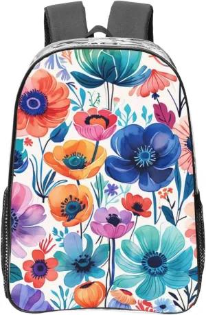 Clear Backpack Heavy Duty PVC Transparent Backpack Large Clear Bag for Travel, Work, Concert, Bright Anemone Print 16"