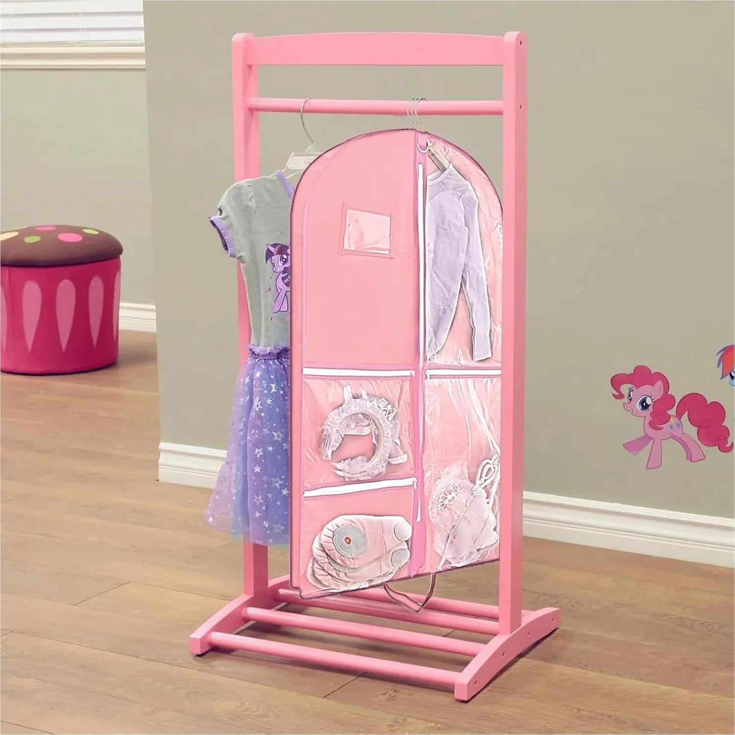 Clear Dance Costume Garment Bag for Dancers,40 inch Kids Garment Bag for Dance Competitions with 5 Clear Zipper Pockets for Dance Costumes,Garment Bags for Hanging Clothes Travel Storage (Pink)