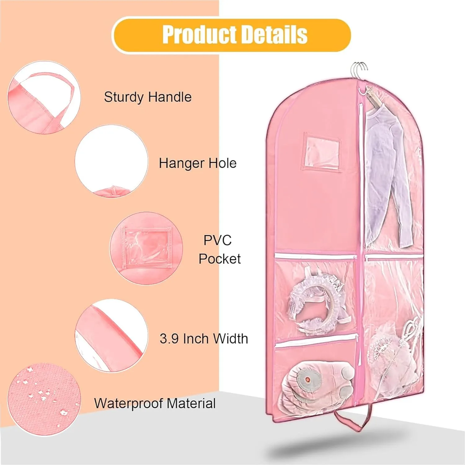 Clear Dance Costume Garment Bag for Dancers,40 inch Kids Garment Bag for Dance Competitions with 5 Clear Zipper Pockets for Dance Costumes,Garment Bags for Hanging Clothes Travel Storage (Pink)