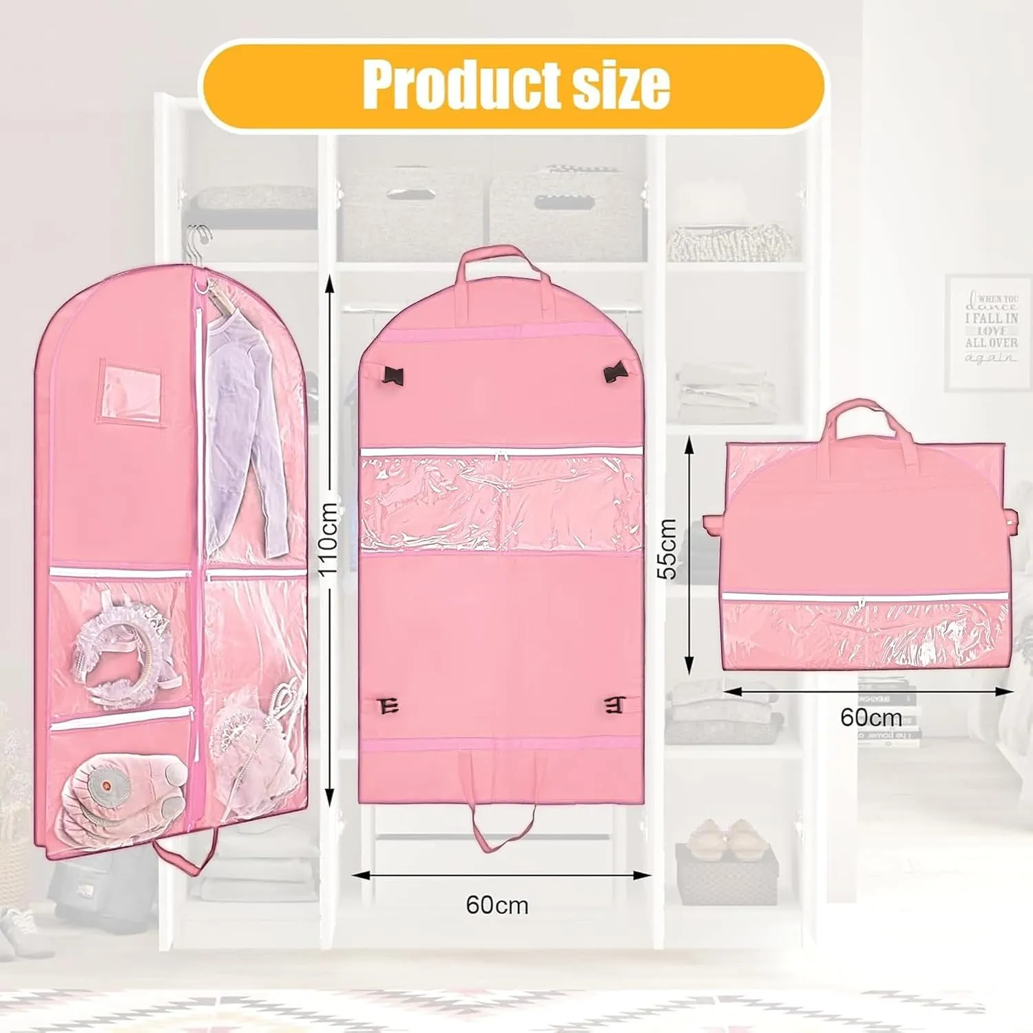 Clear Dance Costume Garment Bag for Dancers,40 inch Kids Garment Bag for Dance Competitions with 5 Clear Zipper Pockets for Dance Costumes,Garment Bags for Hanging Clothes Travel Storage (Pink)