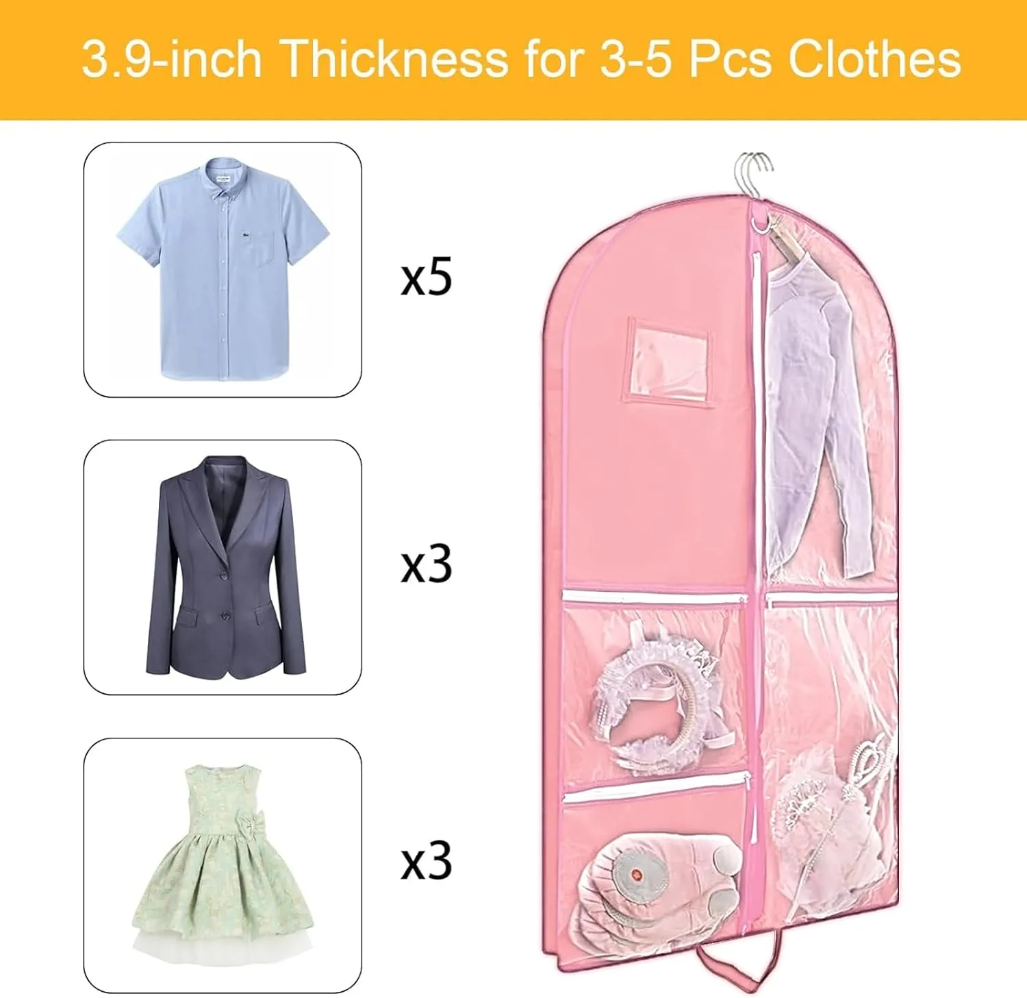Clear Dance Costume Garment Bag for Dancers,40 inch Kids Garment Bag for Dance Competitions with 5 Clear Zipper Pockets for Dance Costumes,Garment Bags for Hanging Clothes Travel Storage (Pink)