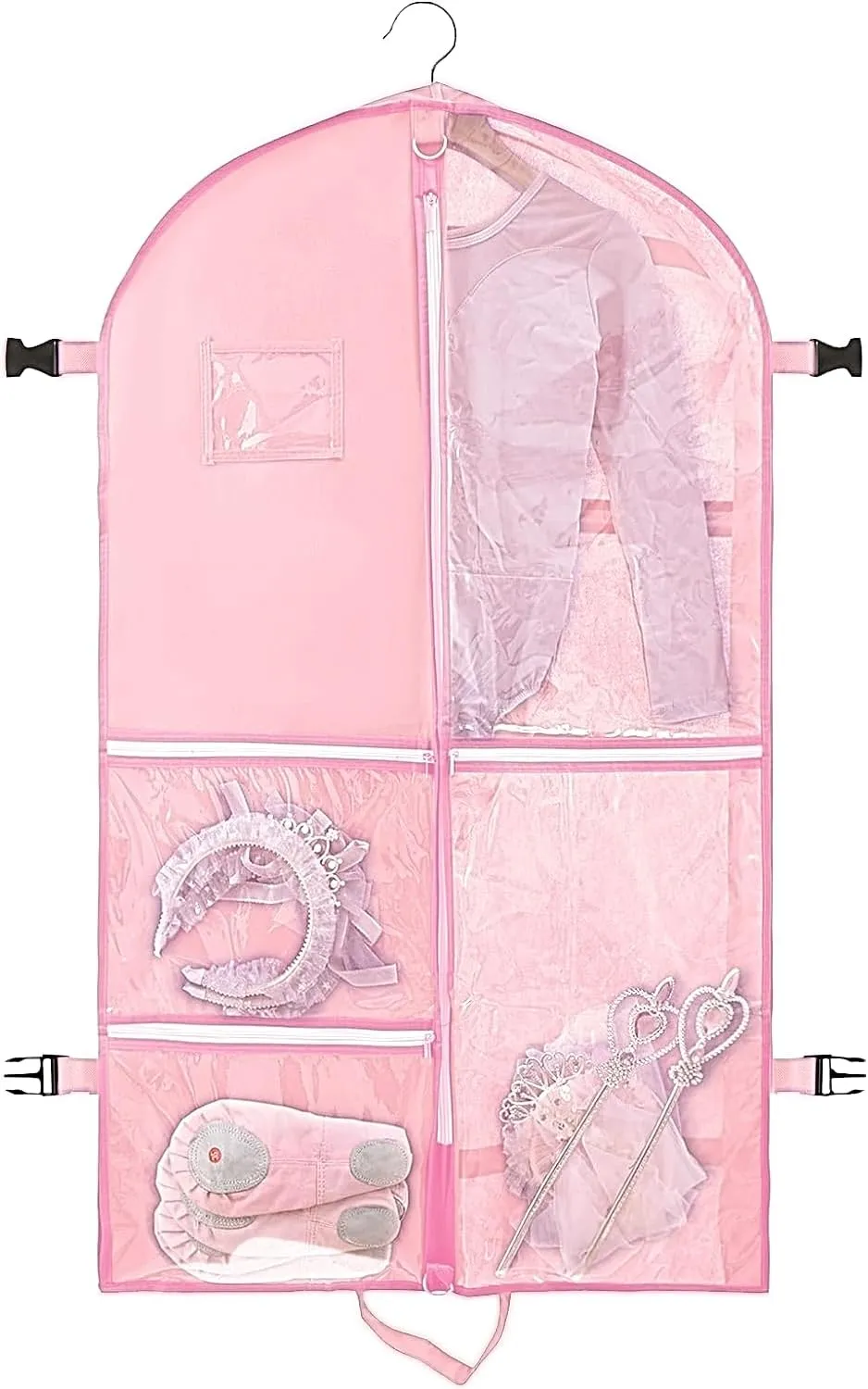 Clear Dance Costume Garment Bag for Dancers,40 inch Kids Garment Bag for Dance Competitions with 5 Clear Zipper Pockets for Dance Costumes,Garment Bags for Hanging Clothes Travel Storage (Pink)