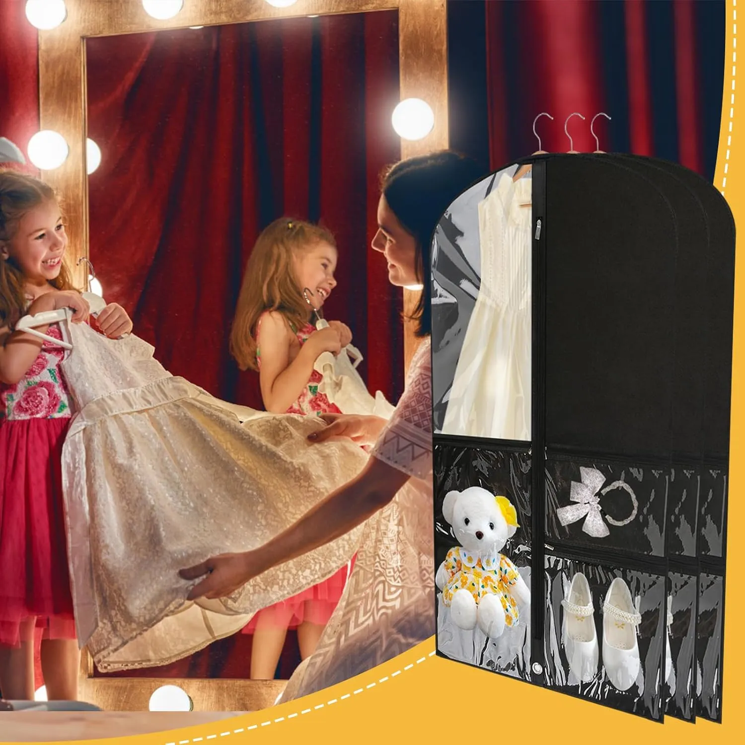 Clear Kids Dance Costume Garment Bags Foldable Travel Costume Organizer 20" x 40" Hanging Clothes for Dance Competitions with 3 Zipper Pockets（6 Pcs，Black)