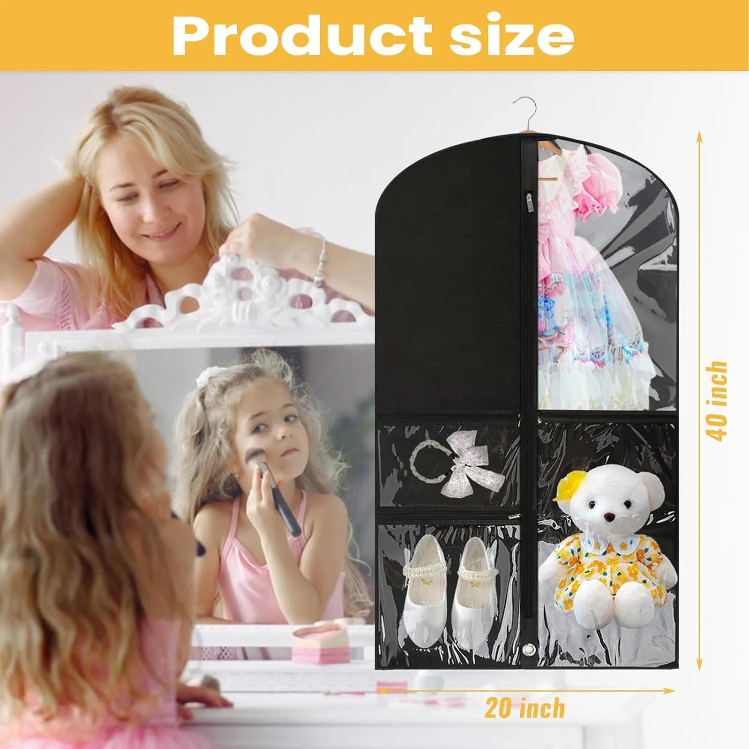 Clear Kids Dance Costume Garment Bags Foldable Travel Costume Organizer 20" x 40" Hanging Clothes for Dance Competitions with 3 Zipper Pockets（6 Pcs，Black)