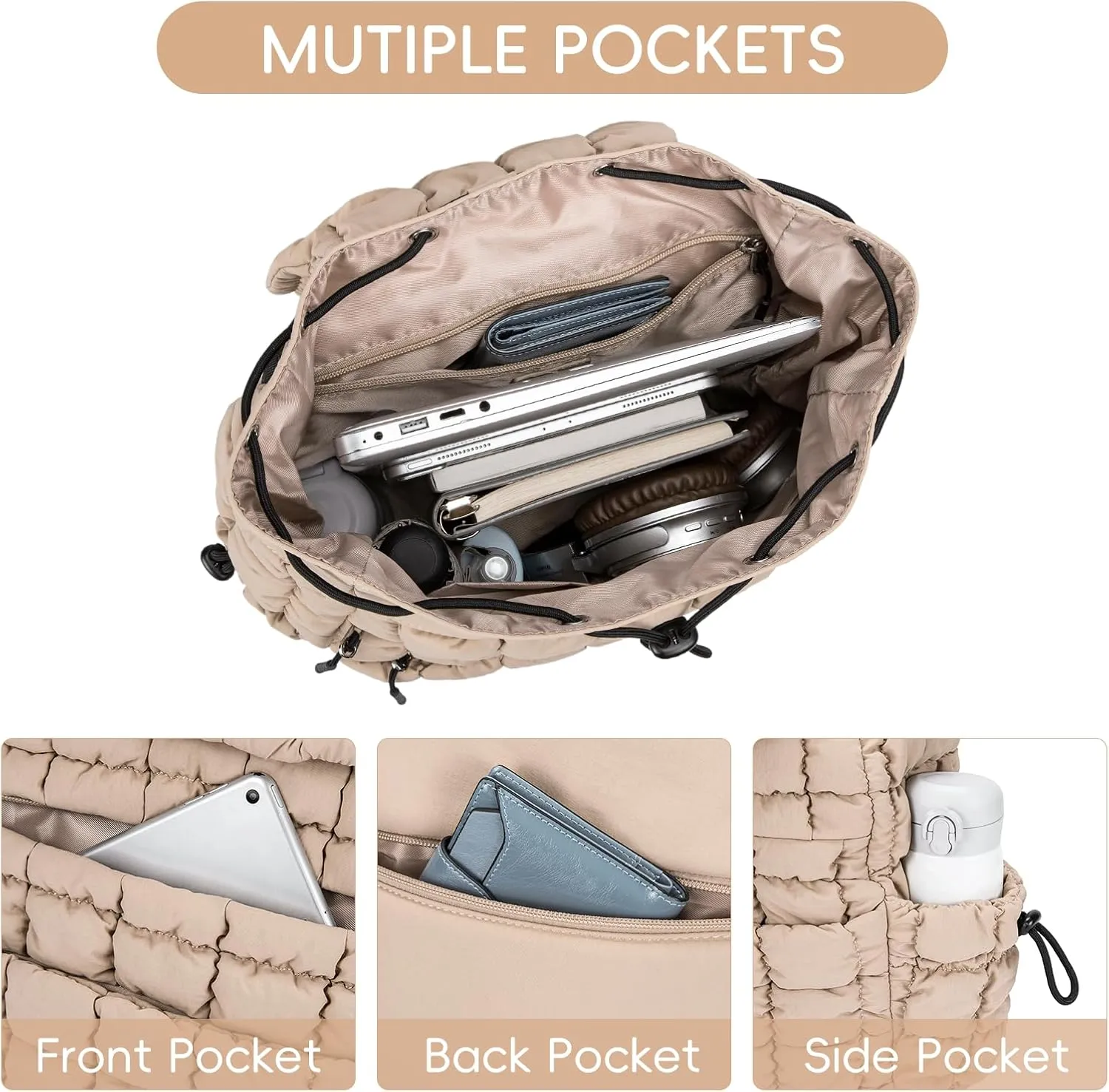 CLUCI Puffy Quilted Backpack Purse for Women, Casual Lightweight Daypack for Women Travel