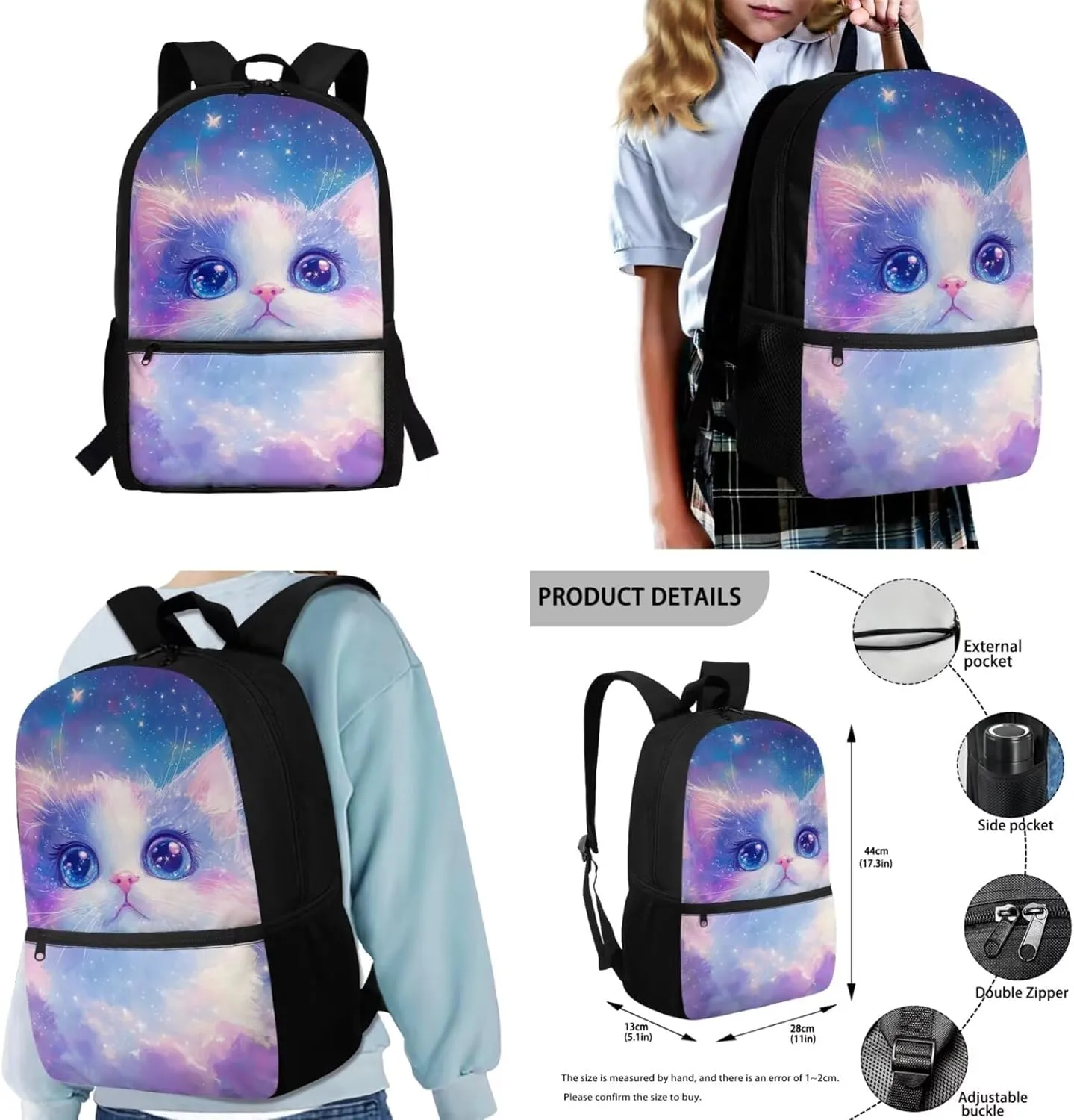 COEQINE 4 in 1 Girls Backpack and Lunch Box Set Kindergarten Little Girls 6-8Y Cute Ragdoll Cat Bookbag with Ajdustable Shoulder Strap Large Pencil Case Portable Water Bottle for Preschool Back School