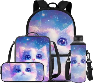 COEQINE 4 in 1 Girls Backpack and Lunch Box Set Kindergarten Little Girls 6-8Y Cute Ragdoll Cat Bookbag with Ajdustable Shoulder Strap Large Pencil Case Portable Water Bottle for Preschool Back School