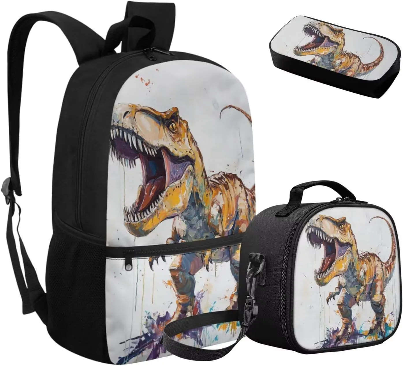 COEQINE Boys Dinosaur Backpack Set 3 Piece Dino Bookbag for School Kids Boys 4-7 Elementary Primary School Bag Set for Teen Laptop Shoulder Schoolbag with Lunchbox and Pencil Bag