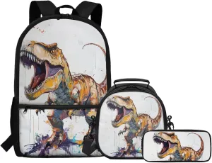 COEQINE Boys Dinosaur Backpack Set 3 Piece Dino Bookbag for School Kids Boys 4-7 Elementary Primary School Bag Set for Teen Laptop Shoulder Schoolbag with Lunchbox and Pencil Bag