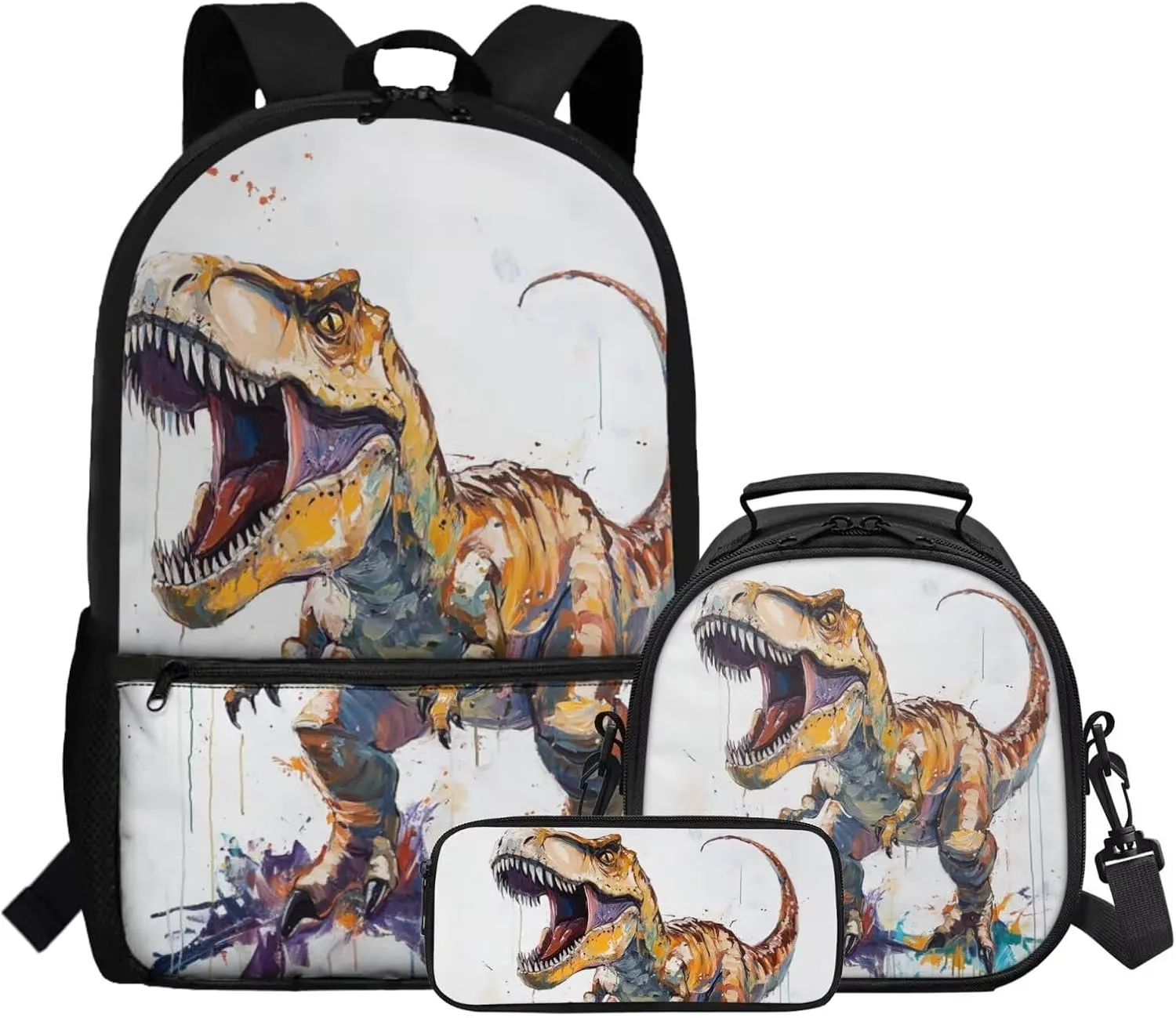 COEQINE Boys Dinosaur Backpack Set 3 Piece Dino Bookbag for School Kids Boys 4-7 Elementary Primary School Bag Set for Teen Laptop Shoulder Schoolbag with Lunchbox and Pencil Bag
