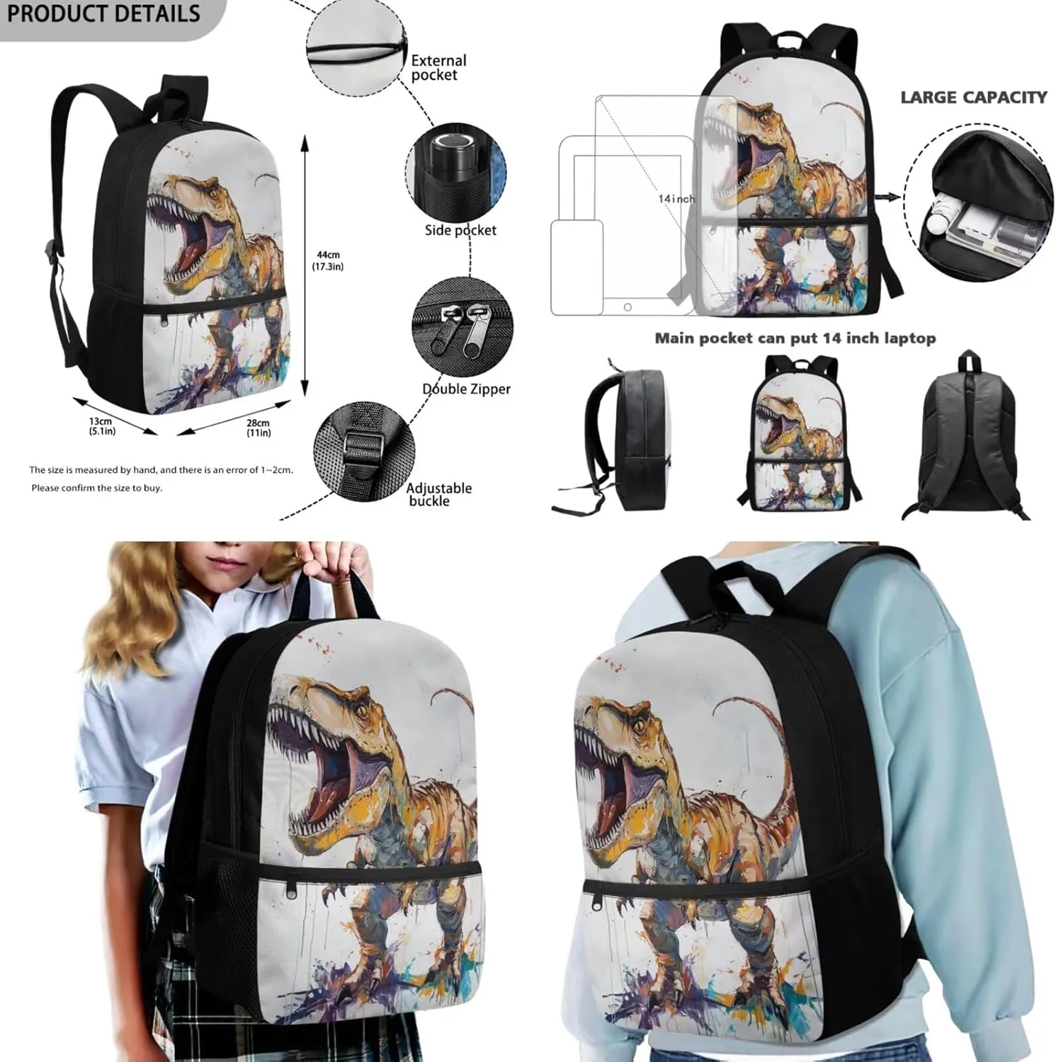 COEQINE Boys Dinosaur Backpack Set 3 Piece Dino Bookbag for School Kids Boys 4-7 Elementary Primary School Bag Set for Teen Laptop Shoulder Schoolbag with Lunchbox and Pencil Bag
