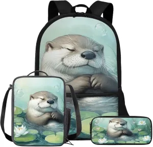 COEQINE Otter Backpack for Girls 10-12 Cute 17 Inch Bookbag 8-10 with Lunch Box Set 3Piece Large Laptop School Bags 14-16Y 6TH Grade Shoulder Bag Pencil