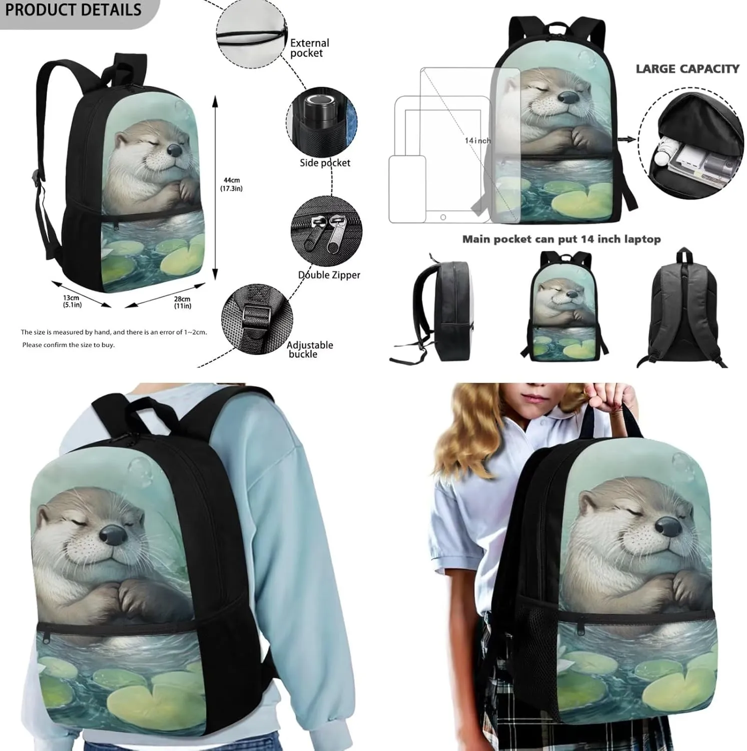 COEQINE Otter Backpack for Girls 10-12 Cute 17 Inch Bookbag 8-10 with Lunch Box Set 3Piece Large Laptop School Bags 14-16Y 6TH Grade Shoulder Bag Pencil
