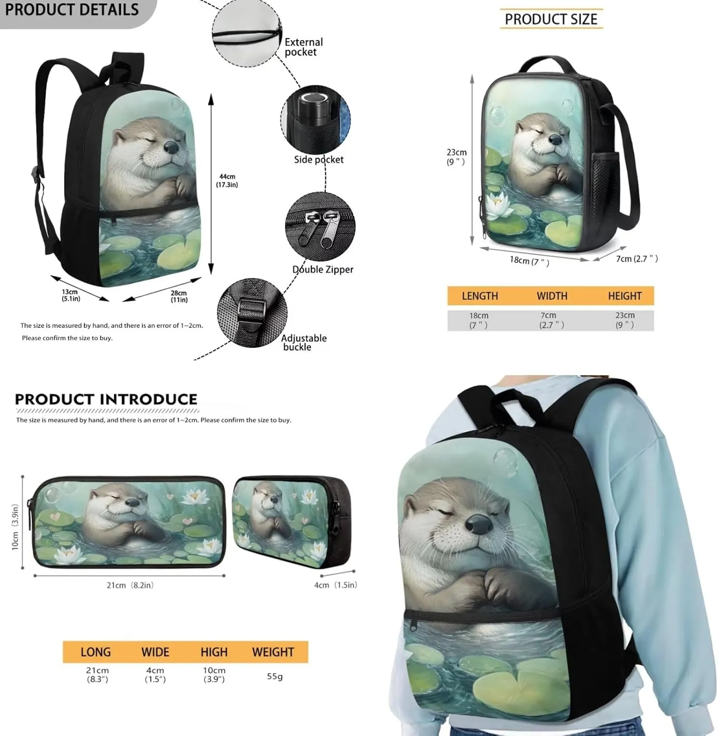 COEQINE Otter Backpack for Girls 10-12 Cute 17 Inch Bookbag 8-10 with Lunch Box Set 3Piece Large Laptop School Bags 14-16Y 6TH Grade Shoulder Bag Pencil