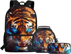 COEQINE Tiger School Backpack for Boys 6-8 Elementary School Bookbag Set for Kids Large Capacity Boys School Bags 7 Years Old 6TH Grade Book Bag Shoulder Handbag with Lunch Box Pencil Bag 3 Pack