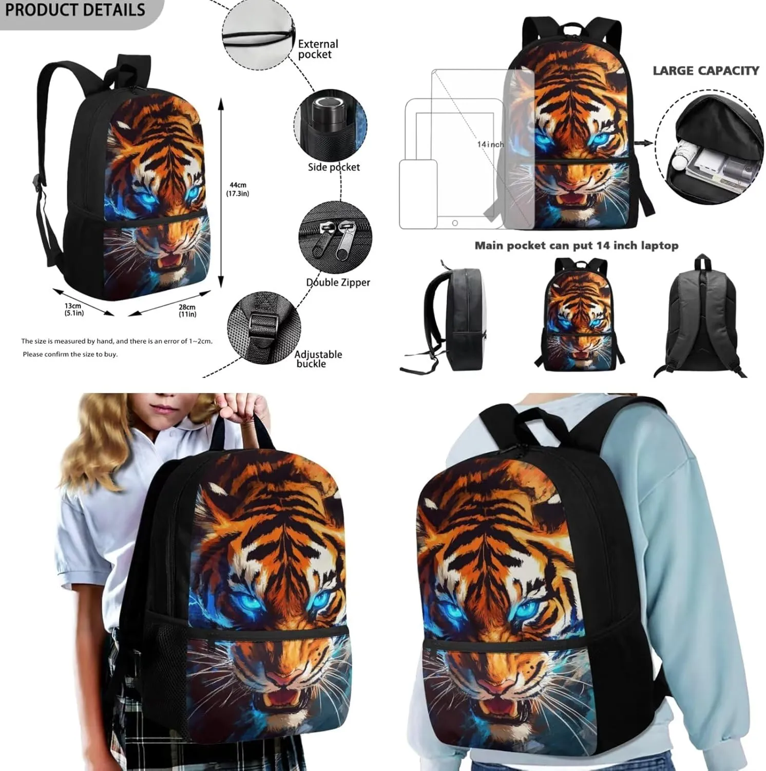 COEQINE Tiger School Backpack for Boys 6-8 Elementary School Bookbag Set for Kids Large Capacity Boys School Bags 7 Years Old 6TH Grade Book Bag Shoulder Handbag with Lunch Box Pencil Bag 3 Pack