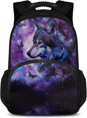COEQINE Wolf Insulated Backpack Kid Carrier Backpack Hiking Butterfly Lunch Bag Purple Gothic Novelty Backpack With Matching Lunch Boxes for Teens Girls