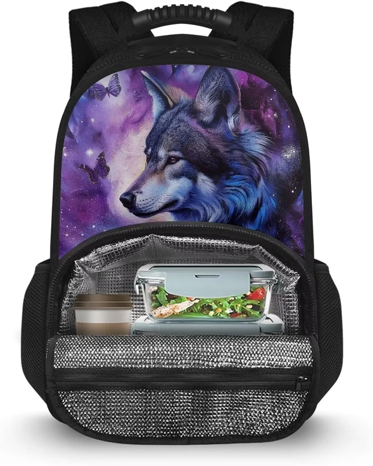 COEQINE Wolf Insulated Backpack Kid Carrier Backpack Hiking Butterfly Lunch Bag Purple Gothic Novelty Backpack With Matching Lunch Boxes for Teens Girls