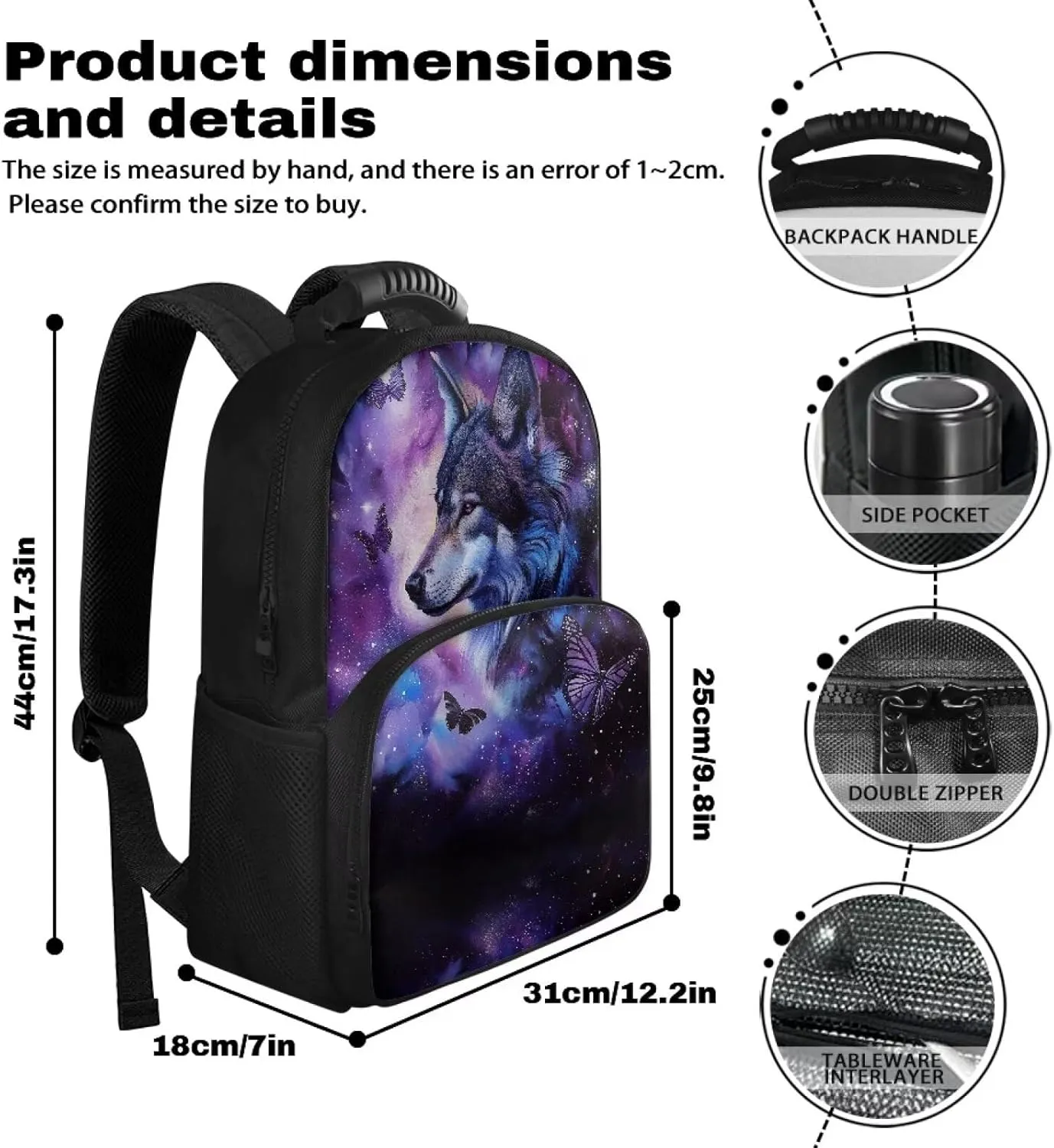 COEQINE Wolf Insulated Backpack Kid Carrier Backpack Hiking Butterfly Lunch Bag Purple Gothic Novelty Backpack With Matching Lunch Boxes for Teens Girls