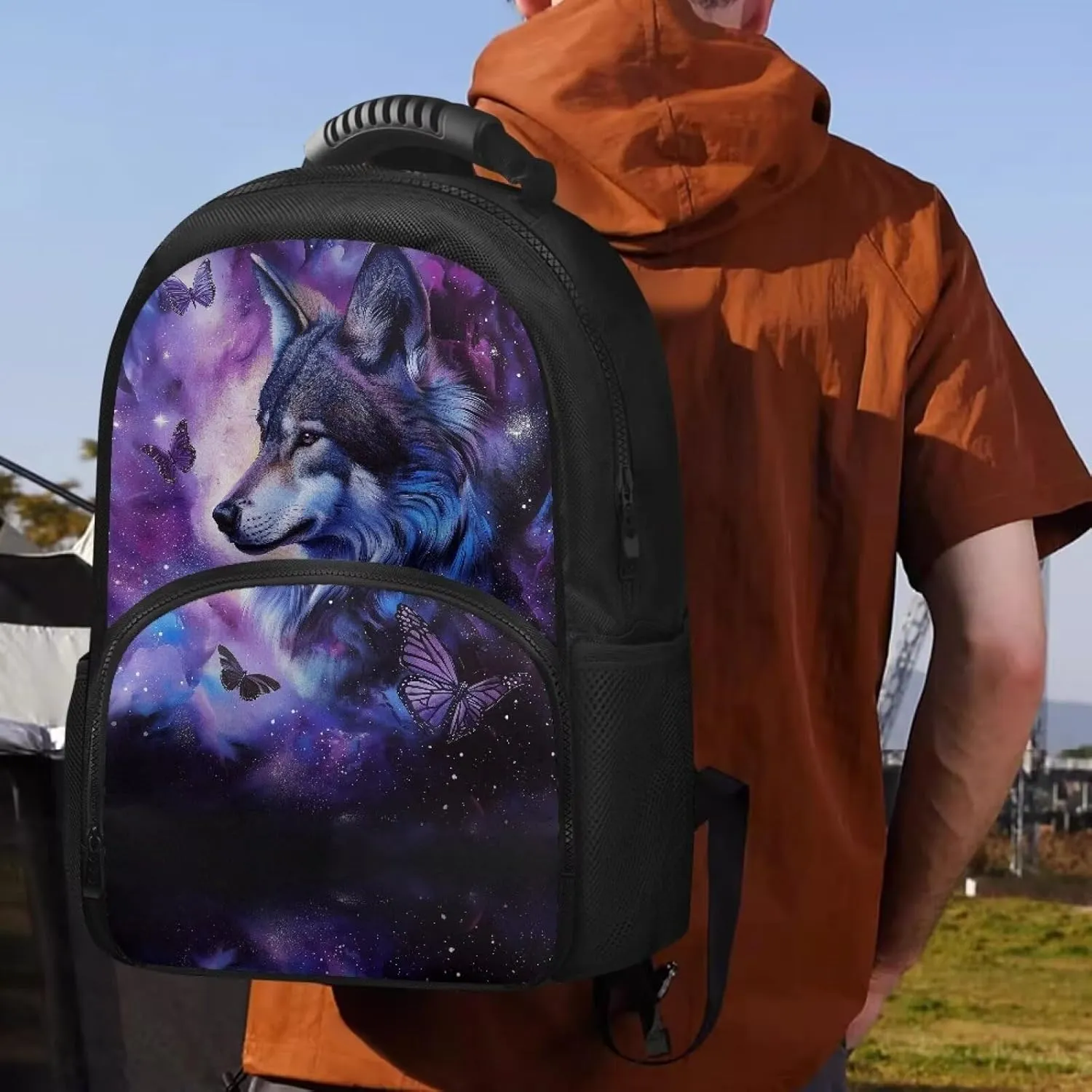 COEQINE Wolf Insulated Backpack Kid Carrier Backpack Hiking Butterfly Lunch Bag Purple Gothic Novelty Backpack With Matching Lunch Boxes for Teens Girls