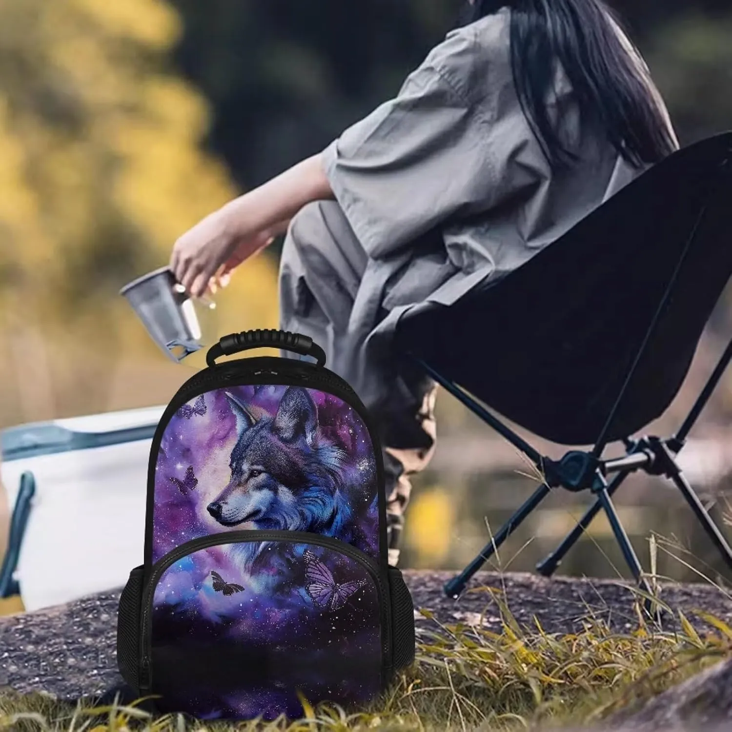 COEQINE Wolf Insulated Backpack Kid Carrier Backpack Hiking Butterfly Lunch Bag Purple Gothic Novelty Backpack With Matching Lunch Boxes for Teens Girls