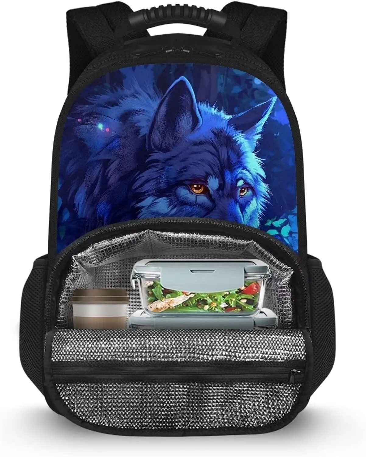 COEQINE Wolf Lunch Backpack Mushroom Hiking Backpack For Kids Carrier Insulated Backpack Lunch Bag For Kids Teens Book Bag for Middle High School,Blue