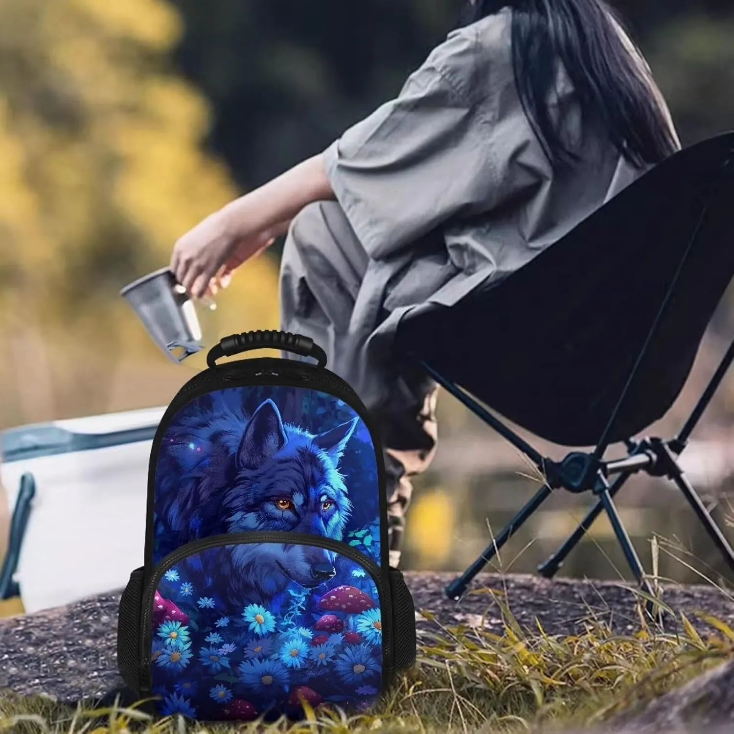 COEQINE Wolf Lunch Backpack Mushroom Hiking Backpack For Kids Carrier Insulated Backpack Lunch Bag For Kids Teens Book Bag for Middle High School,Blue
