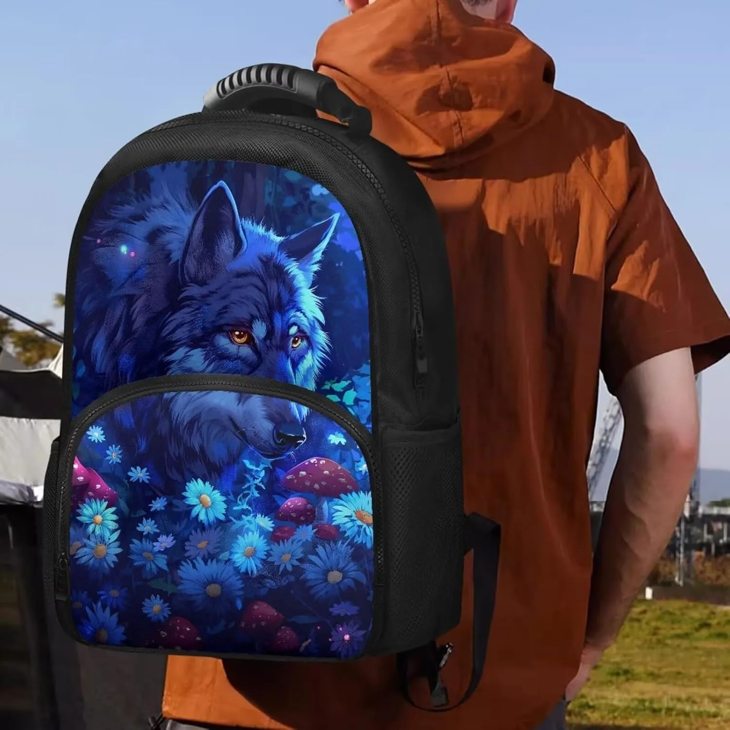 COEQINE Wolf Lunch Backpack Mushroom Hiking Backpack For Kids Carrier Insulated Backpack Lunch Bag For Kids Teens Book Bag for Middle High School,Blue