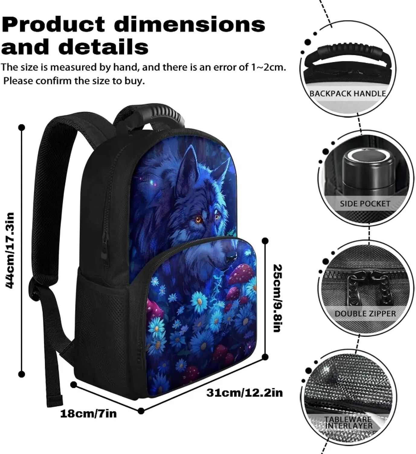COEQINE Wolf Lunch Backpack Mushroom Hiking Backpack For Kids Carrier Insulated Backpack Lunch Bag For Kids Teens Book Bag for Middle High School,Blue
