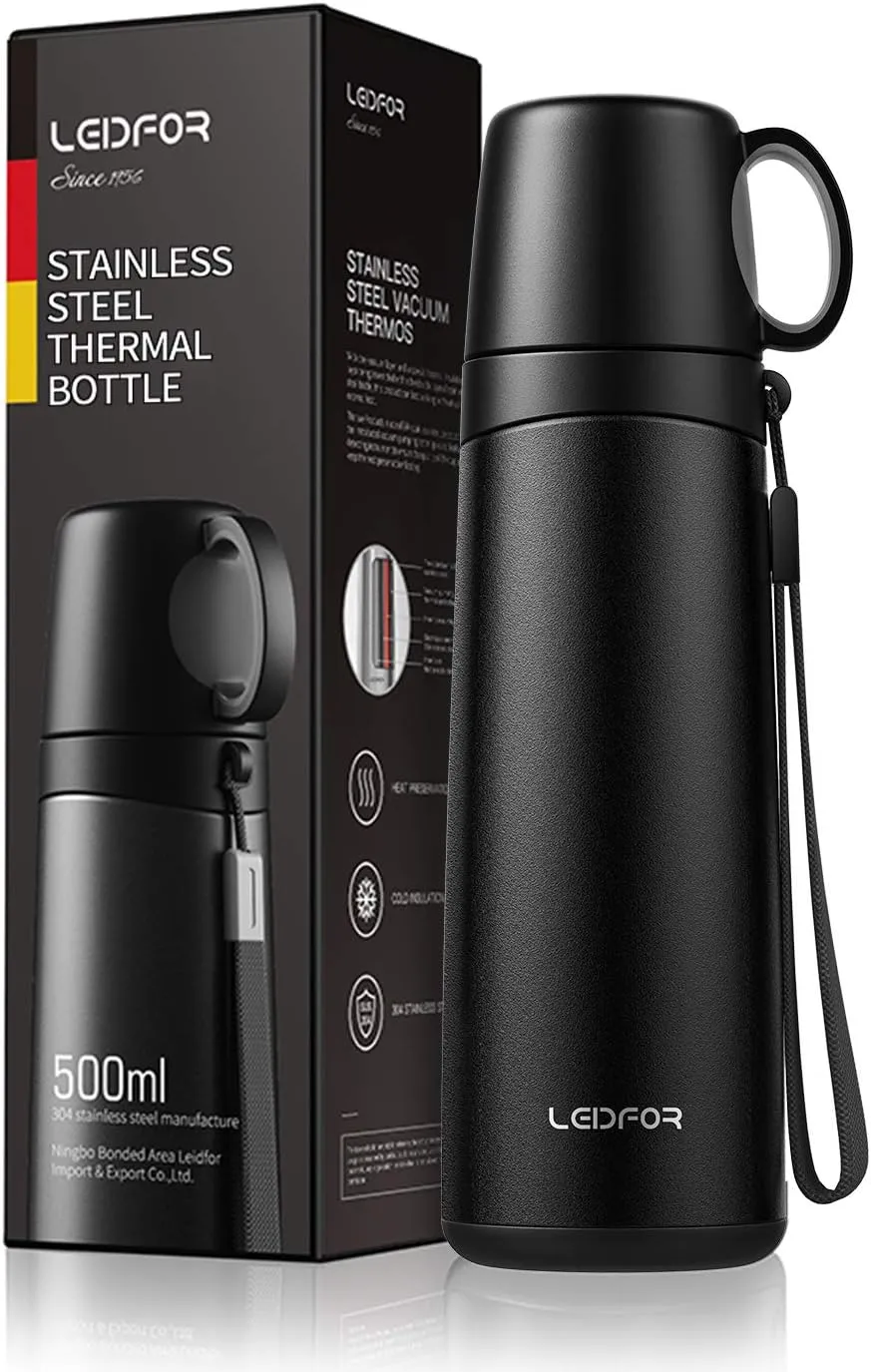 Coffee Travel Mug Vacuum Insulated Thermal Water Bottle Build-in Lid Cup Stainless Steel Leakproof 17Ounce Black Matte Finish