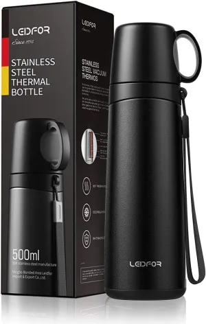 Coffee Travel Mug Vacuum Insulated Thermal Water Bottle Build-in Lid Cup Stainless Steel Leakproof 17Ounce Black Matte Finish